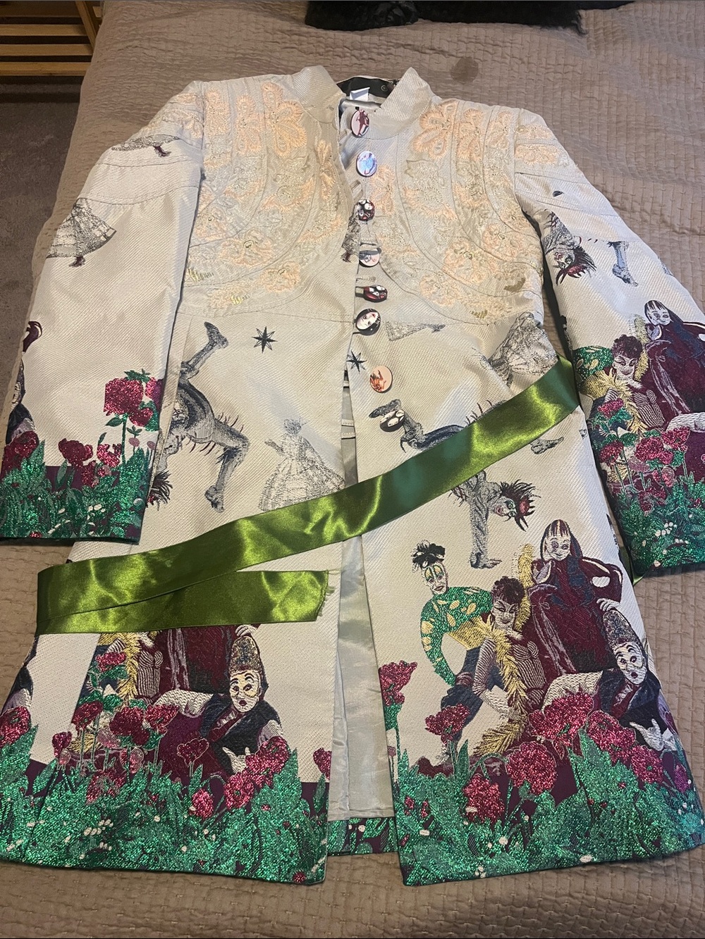 Cream Embroidered Trench Coat with Green Sash